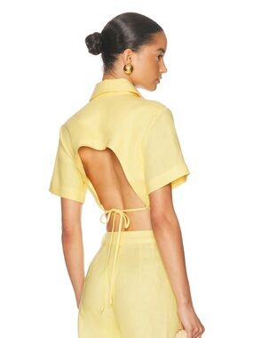 MATTHEW BRUCH Cropped Tie Back Button Up Top Linen Butter Yellow Size 2